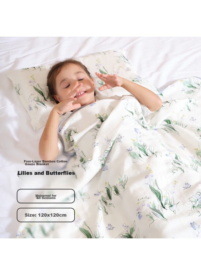 Cutelife Four-layer Bamboo Cotton Gauze Blanket, Spring And Summer Lightweight Quilt, Kindergarten Nap Blanket, Lily Of The Valley And Butterfly Pattern, 120*120cm - Image 3