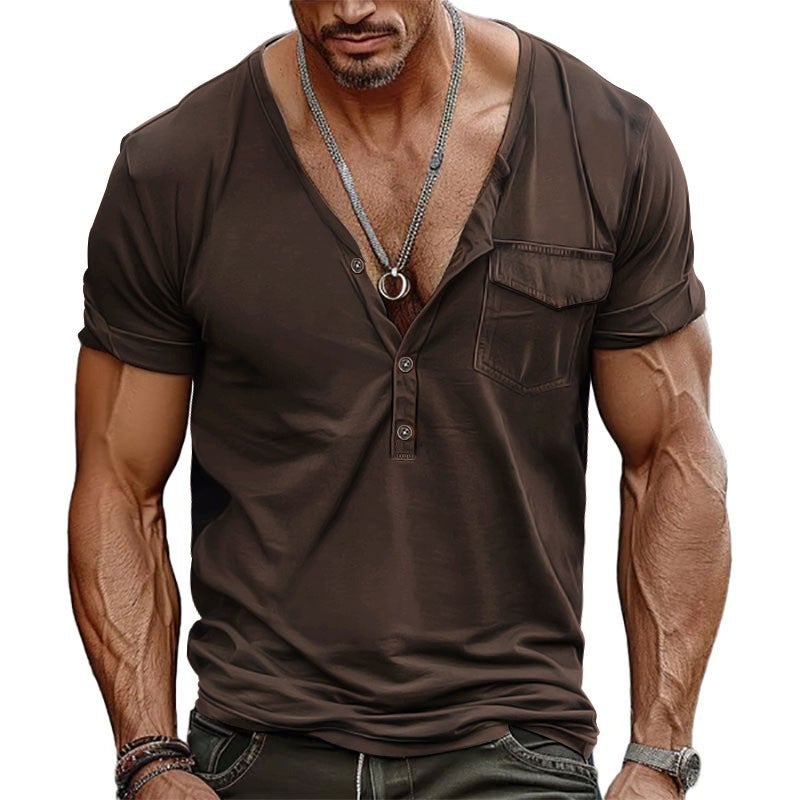 2025 big V-neck summer men's loose retro pocket Henry shirt short sleeve T-shirt - Image 4