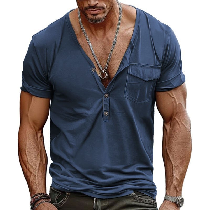 2025 big V-neck summer men's loose retro pocket Henry shirt short sleeve T-shirt - Image 5