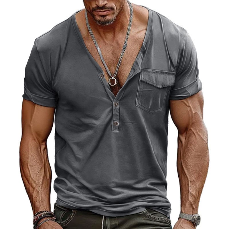 2025 big V-neck summer men's loose retro pocket Henry shirt short sleeve T-shirt - Image 1