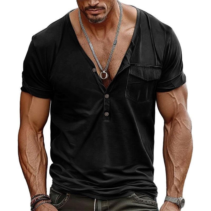 2025 big V-neck summer men's loose retro pocket Henry shirt short sleeve T-shirt - Image 3