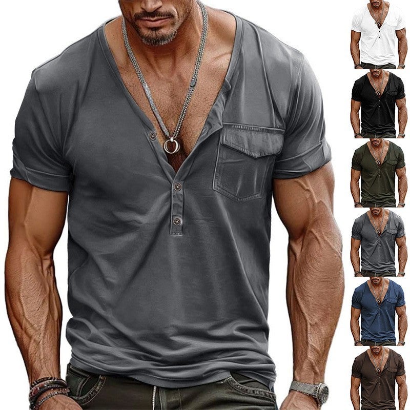 2025 big V-neck summer men's loose retro pocket Henry shirt short sleeve T-shirt - Image 2