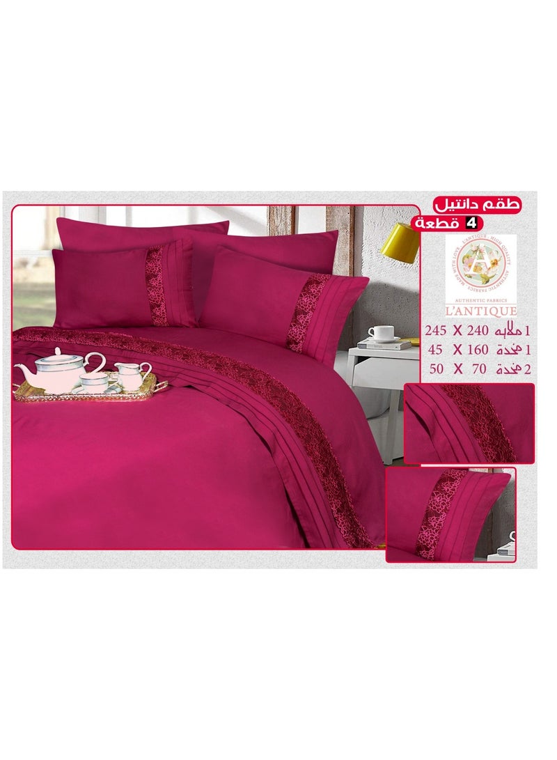 لانتيك طقم ملاية دانتيل ميكروفايبر مقاس 240*260 سم 4 قطع احمر غامق - Image 1