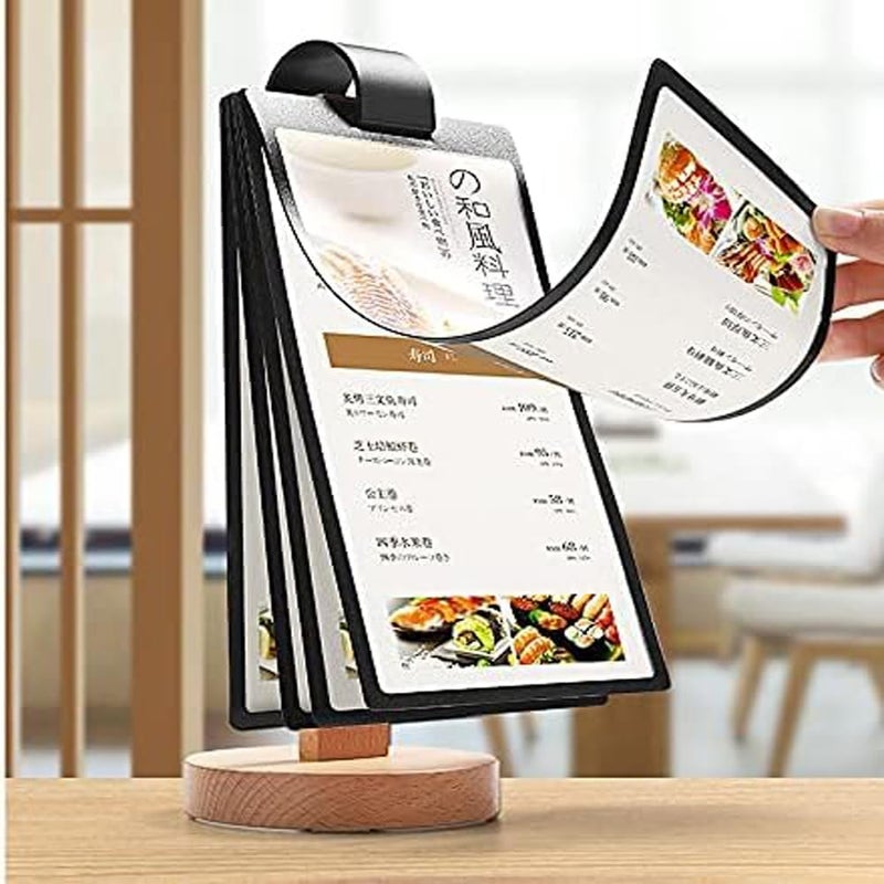 Eckek Acrylic Sign Holder Multi-Page flip Sign Holder Menu Displays Double Sided 5 Pages-10 Sides, Wood Base Table Top Sign Stand (A5 148×210mm/5.83×8.27 inches) - Image 1