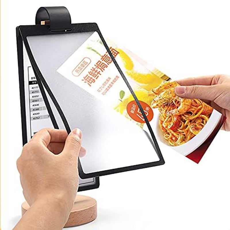 Eckek Acrylic Sign Holder Multi-Page flip Sign Holder Menu Displays Double Sided 5 Pages-10 Sides, Wood Base Table Top Sign Stand (A5 148×210mm/5.83×8.27 inches) - Image 3