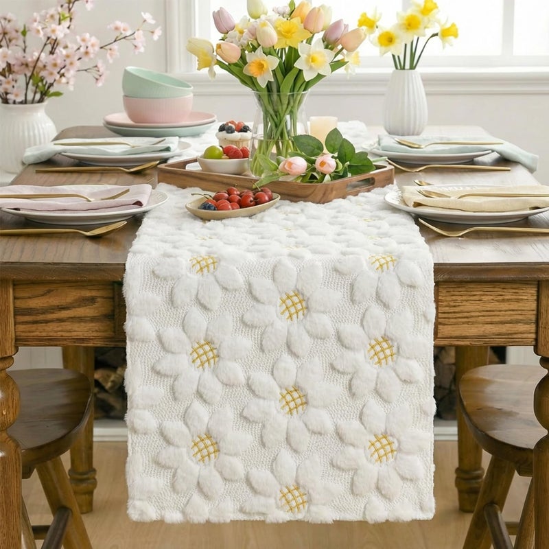Artoid Mode White Soft Plush Faux Fur Jacquard Embroidery Sunflower Spring Table Runner, Kitchen Dining Table Decoration for Home Party Decor 13x72 Inch - Image 2