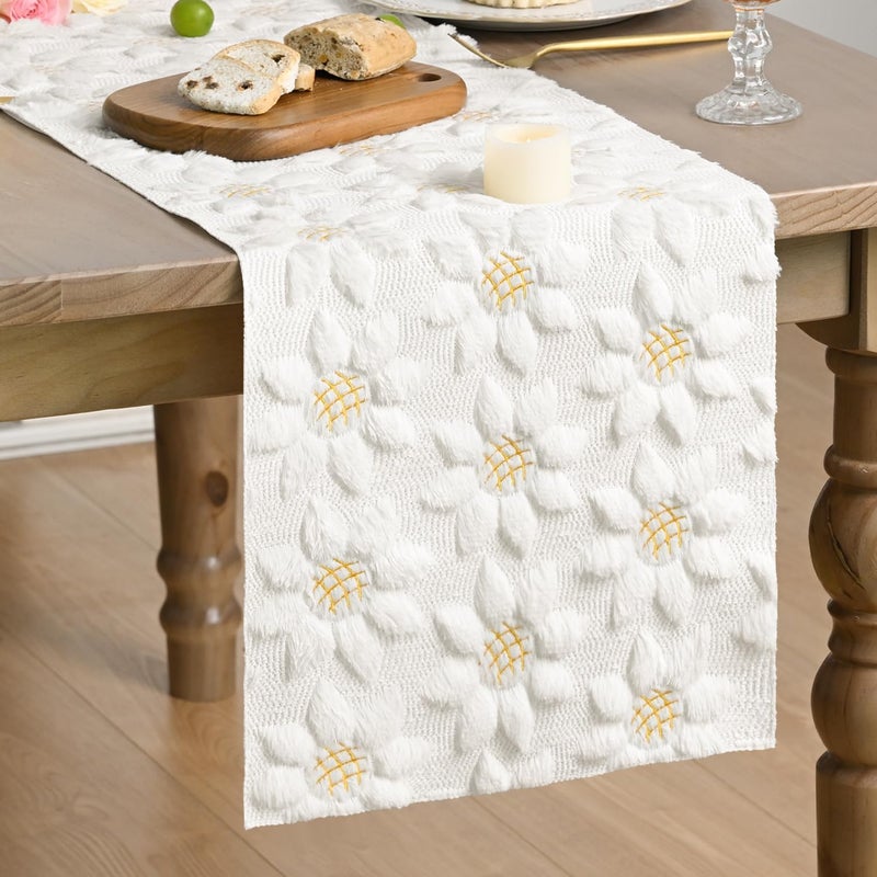 Artoid Mode White Soft Plush Faux Fur Jacquard Embroidery Sunflower Spring Table Runner, Kitchen Dining Table Decoration for Home Party Decor 13x72 Inch - Image 1
