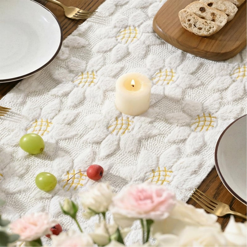 Artoid Mode White Soft Plush Faux Fur Jacquard Embroidery Sunflower Spring Table Runner, Kitchen Dining Table Decoration for Home Party Decor 13x72 Inch - Image 4