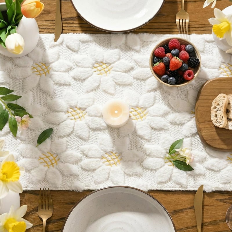 Artoid Mode White Soft Plush Faux Fur Jacquard Embroidery Sunflower Spring Table Runner, Kitchen Dining Table Decoration for Home Party Decor 13x72 Inch - Image 3