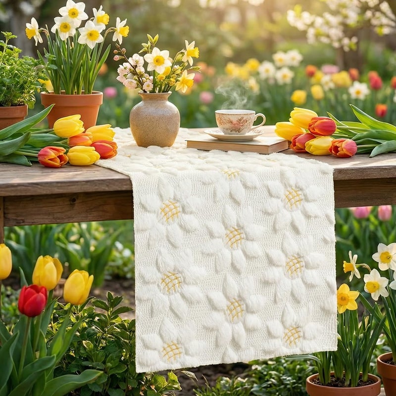 Artoid Mode White Soft Plush Faux Fur Jacquard Embroidery Sunflower Spring Table Runner, Kitchen Dining Table Decoration for Home Party Decor 13x72 Inch - Image 5