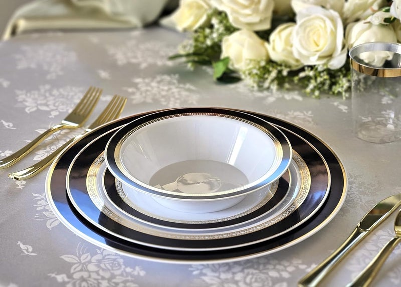 OCCASIONS FINEST PLASTIC TABLEWARE OCCASIONS 240 Fancy Black Gold Disposable Plastic Plates for 120 Guests, Heavy Duty Dinnerware, Looks Like Real China, Wedding Party, 10.5" Dinner + 7.5" Salad/Dessert, BPA-Free (Ritz Black and Gold) - Image 5