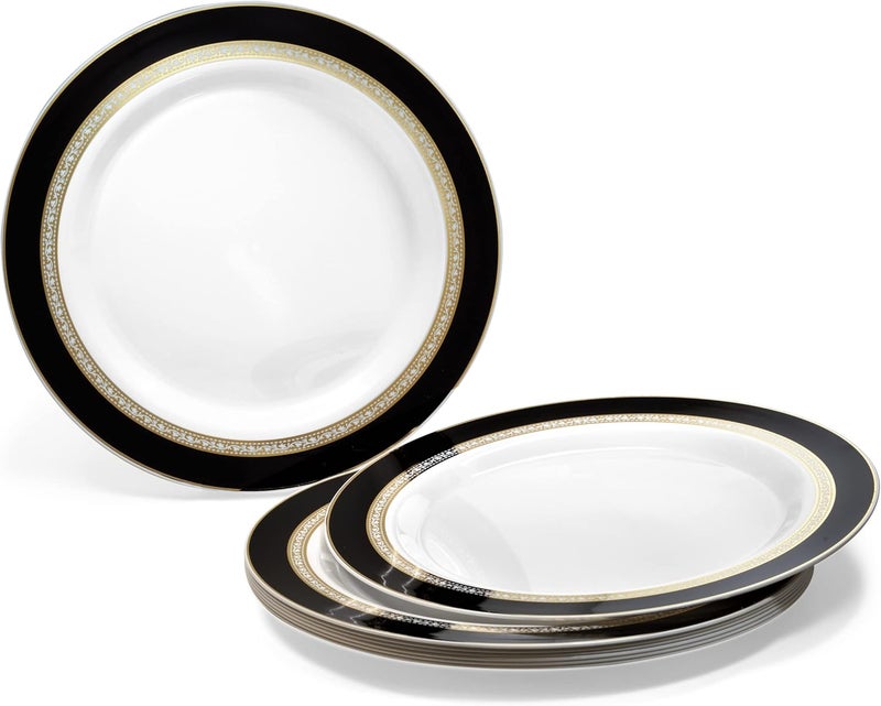 OCCASIONS FINEST PLASTIC TABLEWARE OCCASIONS 240 Fancy Black Gold Disposable Plastic Plates for 120 Guests, Heavy Duty Dinnerware, Looks Like Real China, Wedding Party, 10.5" Dinner + 7.5" Salad/Dessert, BPA-Free (Ritz Black and Gold) - Image 2