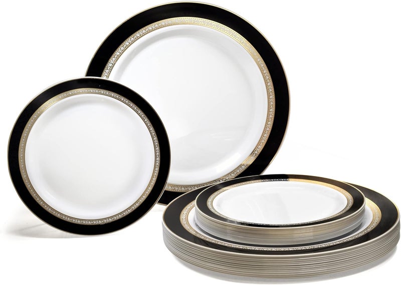 OCCASIONS FINEST PLASTIC TABLEWARE OCCASIONS 240 Fancy Black Gold Disposable Plastic Plates for 120 Guests, Heavy Duty Dinnerware, Looks Like Real China, Wedding Party, 10.5" Dinner + 7.5" Salad/Dessert, BPA-Free (Ritz Black and Gold) - Image 1
