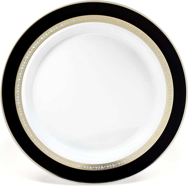 OCCASIONS FINEST PLASTIC TABLEWARE OCCASIONS 240 Fancy Black Gold Disposable Plastic Plates for 120 Guests, Heavy Duty Dinnerware, Looks Like Real China, Wedding Party, 10.5" Dinner + 7.5" Salad/Dessert, BPA-Free (Ritz Black and Gold) - Image 3