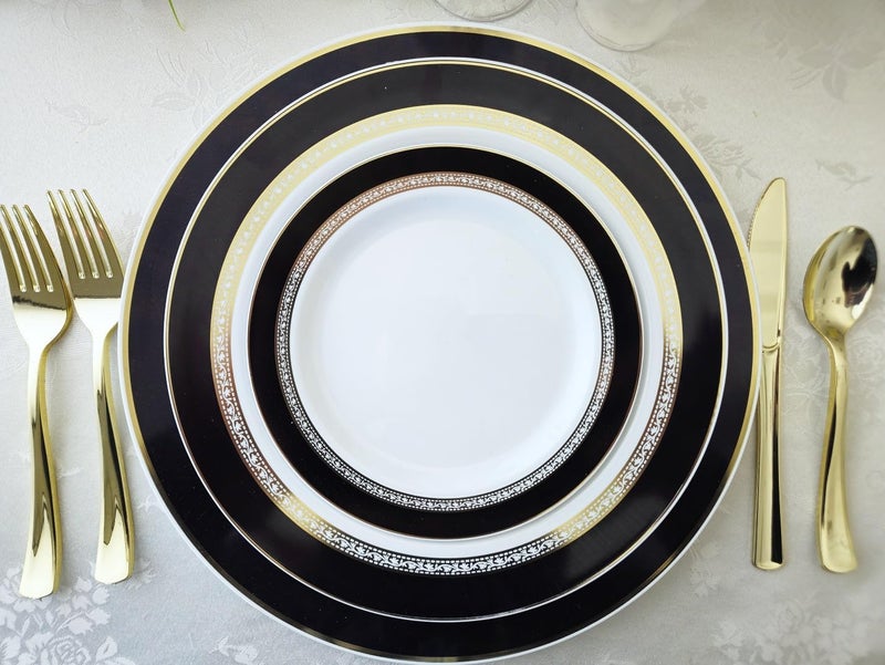 OCCASIONS FINEST PLASTIC TABLEWARE OCCASIONS 240 Fancy Black Gold Disposable Plastic Plates for 120 Guests, Heavy Duty Dinnerware, Looks Like Real China, Wedding Party, 10.5" Dinner + 7.5" Salad/Dessert, BPA-Free (Ritz Black and Gold) - Image 4