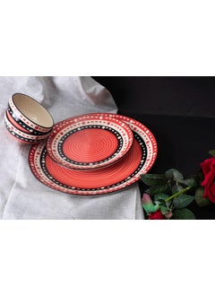 Caffeine Caffeine Ceramc Handmade Red & Black Dot Combo Dinner Set of 14 Pcs. (4 Dinner Plate, 4 Quarter Plate, 4 Katori Bowl, 2 Serving Bowl)  - Image 1