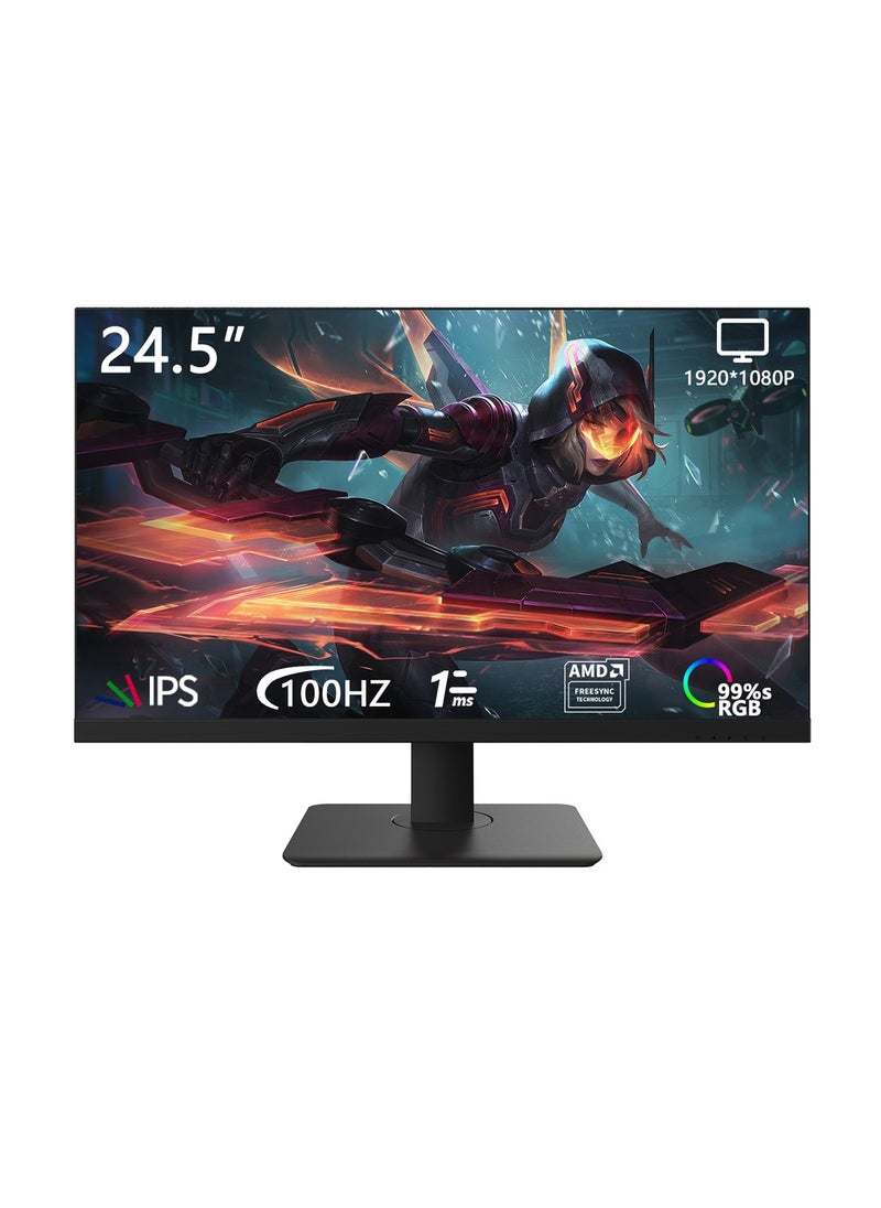 Glanfen - 24.5 inch Flat Screen Gaming Monitor 100Hz with LED Backlit,FHD 1920×1080 1ms Response,VESA Mountable(HDMI,DP,USB,Audio Port)-Black - Image 1