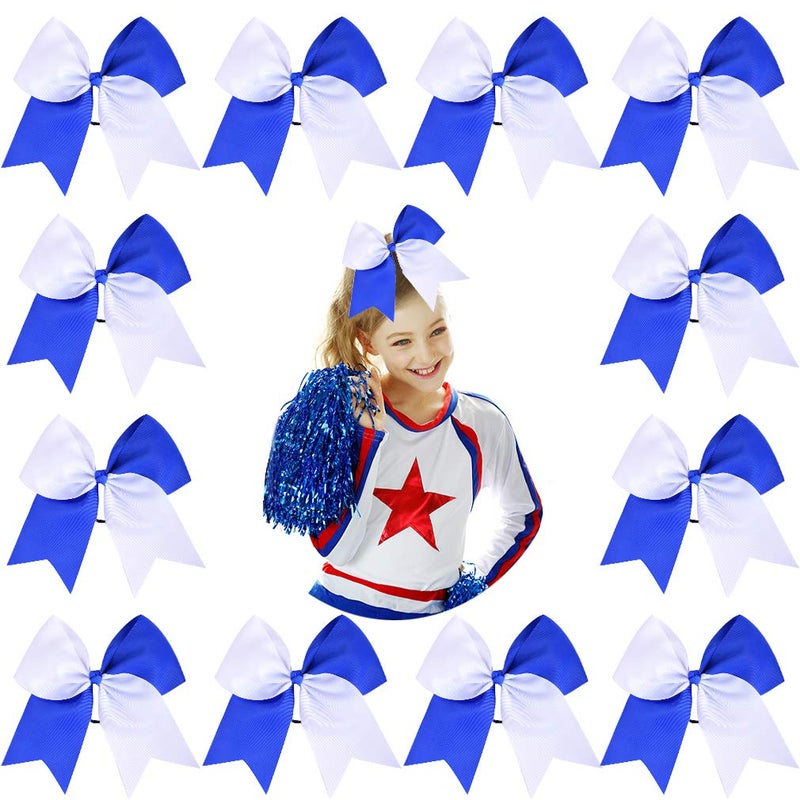 DEEKA 12PCS 8 Two Toned Large Cheer Hair Bows Ponytail Holder Handmade for Teen Girls Softball Cheerleader SportsRoyal BlueWhite - Image 2