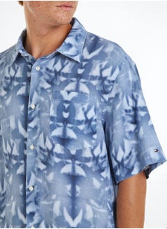 TOMMY HILFIGER Men's Palm Print Tie-Dye Linen Relaxed Short Sleeve Shirt -  Pure linen, Blue/ Multicolor  - Image 5