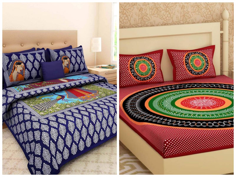 Ealth Kart 144 TC Jaipuri Cotton Printed Combo Set of 2 Double Bedsheet with 4 Pillow Covers - Multicolour - Image 1