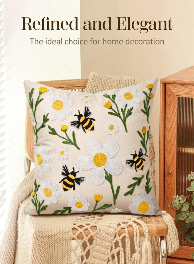 Kokaaee Embroidered Throw Pillow Covers 18x18 Inch - Summer Boho Decorative Pillow Cover with Zipper for Living Room Couch Sofa Bed Aesthetic Design Flower Bee Linen Cushion Pillowcase - Image 5