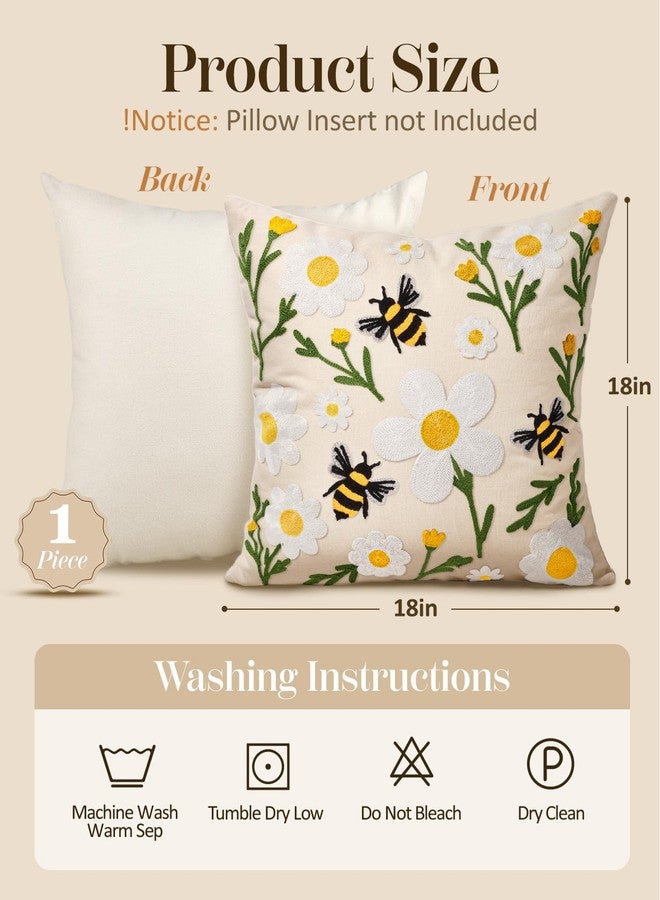 Kokaaee Embroidered Throw Pillow Covers 18x18 Inch - Summer Boho Decorative Pillow Cover with Zipper for Living Room Couch Sofa Bed Aesthetic Design Flower Bee Linen Cushion Pillowcase - Image 4