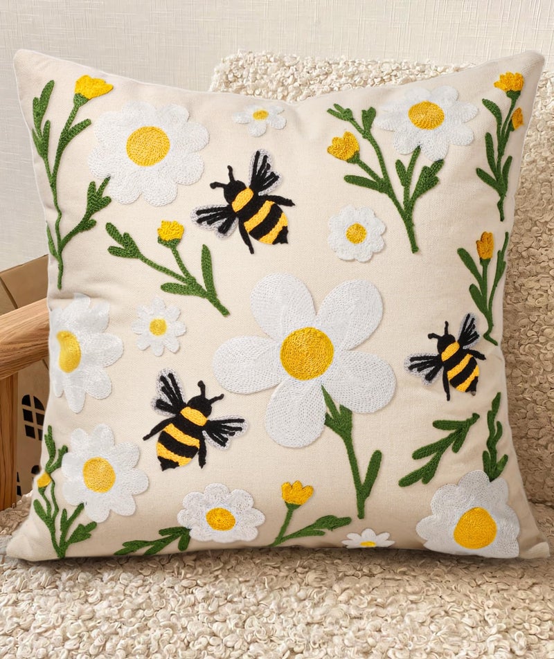 Kokaaee Embroidered Throw Pillow Covers 18x18 Inch - Summer Boho Decorative Pillow Cover with Zipper for Living Room Couch Sofa Bed Aesthetic Design Flower Bee Linen Cushion Pillowcase - Image 1