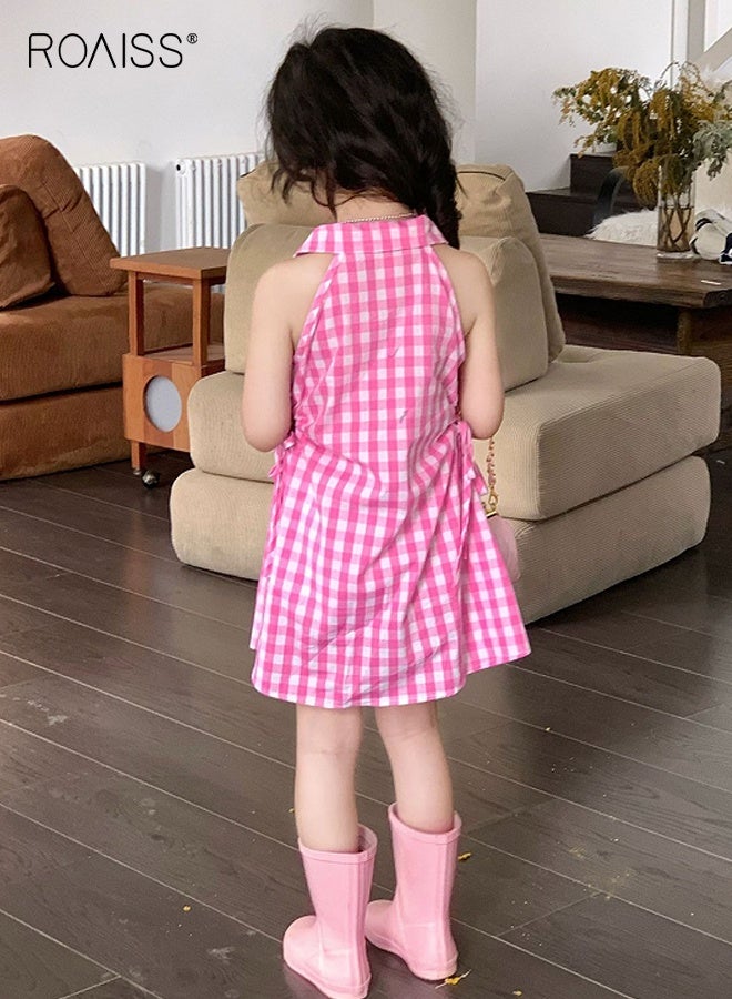 roaiss Girls Summer Checkered Dress, Sleeveless Button-up Dress with Shirt Collar, Casual Stylish Frock for Little Girls, Suit for Daily Wear or Any Occasion - Image 3