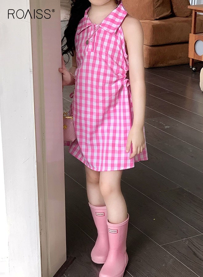 roaiss Girls Summer Checkered Dress, Sleeveless Button-up Dress with Shirt Collar, Casual Stylish Frock for Little Girls, Suit for Daily Wear or Any Occasion - Image 2