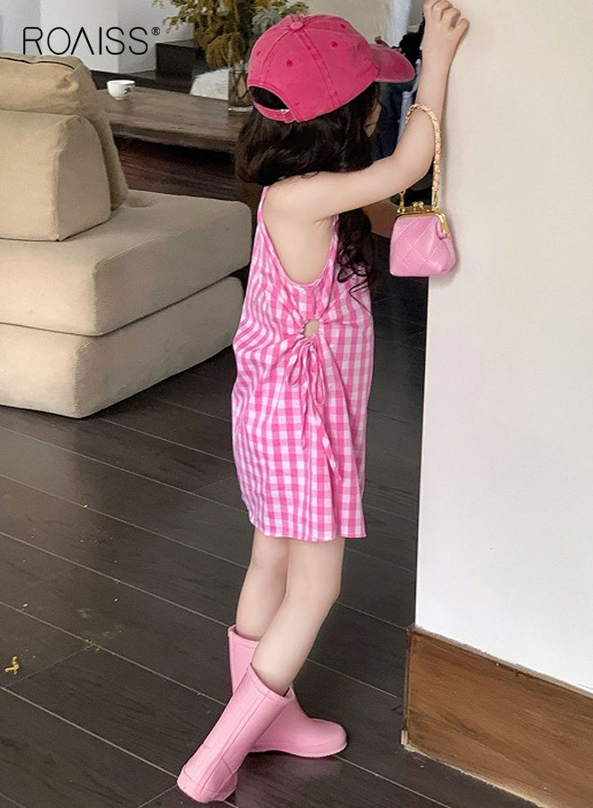 roaiss Girls Summer Checkered Dress, Sleeveless Button-up Dress with Shirt Collar, Casual Stylish Frock for Little Girls, Suit for Daily Wear or Any Occasion - Image 4
