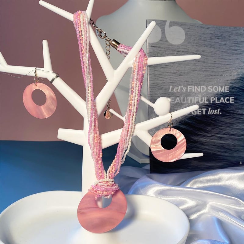 Coiris Multi Strand Statement Colorful Beaded Necklace with Big Circle Shell Pendant for Women - Image 2