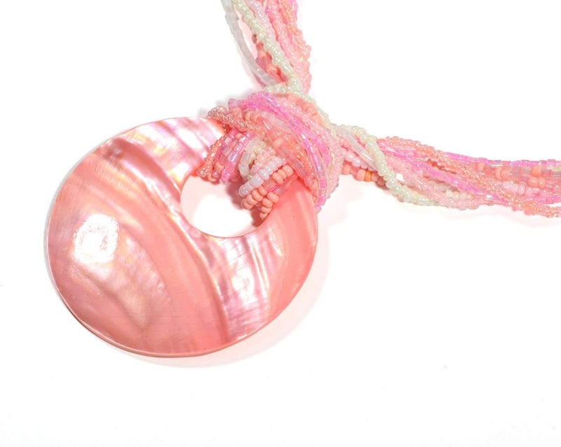 Coiris Multi Strand Statement Colorful Beaded Necklace with Big Circle Shell Pendant for Women - Image 3
