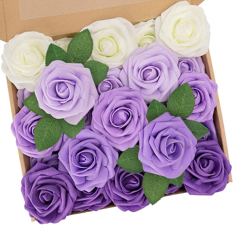 NT NIETING Artificial Flowers 50Pcs Fake Foam Rose Purple Flowers with Stems Lavender for DIY Wedding Bridesmaid Bridal Bouquets Centerpieces Party Home DecorationSeries Purple