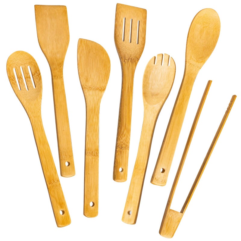 Eisinly Wooden Spoons for Cooking 7-Piece, Kitchen Nonstick Bamboo Cooking Utensils Set, Healthy Bamboo Wooden Spatula Spoon for Cooking - Image 1