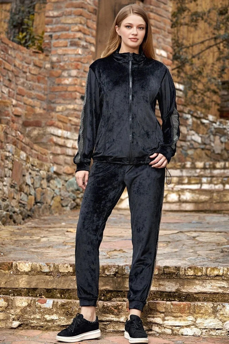 Cossy By Aqua 24335 Women's Long Sleeve Stand Collar Velvet Tracksuit - Black