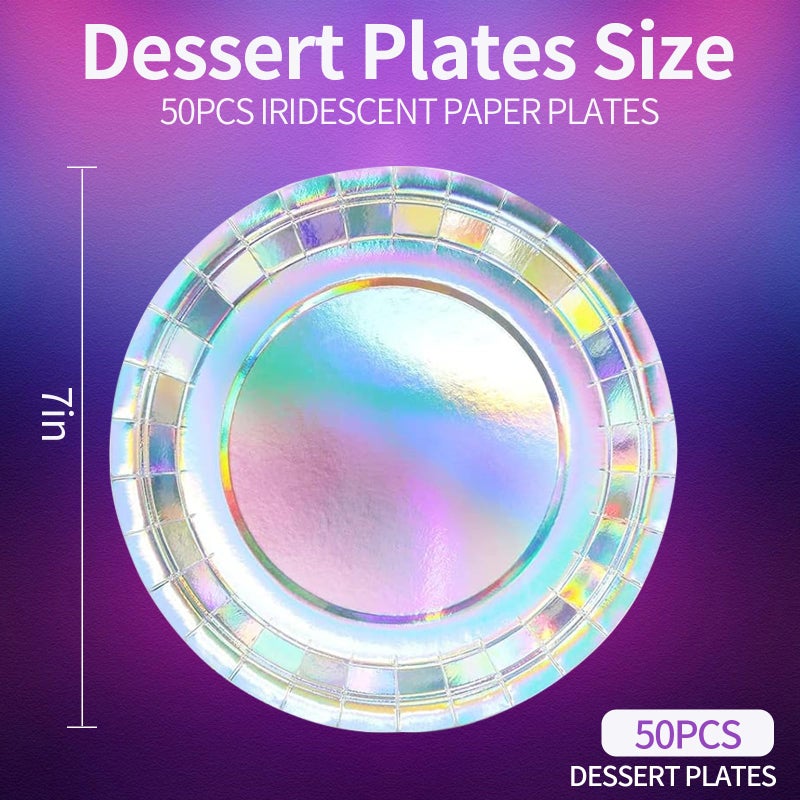 HiEnjoin 50PCS Iridescent Party Paper Plates  7 Inch Holographic Dessert Plates Sparkling Rainbow Disposable Party Supplies Decoration for Mermaid Birthday Wedding Party (Iridescent) - Image 2
