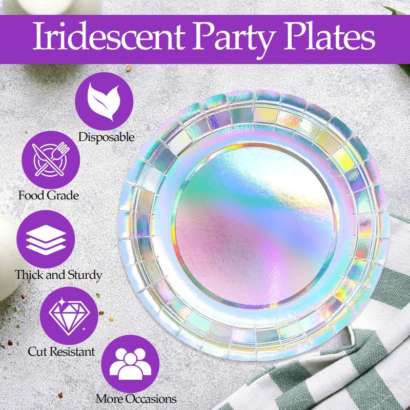 HiEnjoin 50PCS Iridescent Party Paper Plates  7 Inch Holographic Dessert Plates Sparkling Rainbow Disposable Party Supplies Decoration for Mermaid Birthday Wedding Party (Iridescent) - Image 1