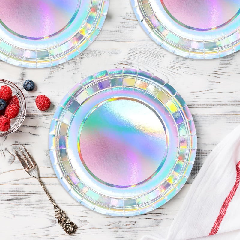 HiEnjoin 50PCS Iridescent Party Paper Plates  7 Inch Holographic Dessert Plates Sparkling Rainbow Disposable Party Supplies Decoration for Mermaid Birthday Wedding Party (Iridescent) - Image 3