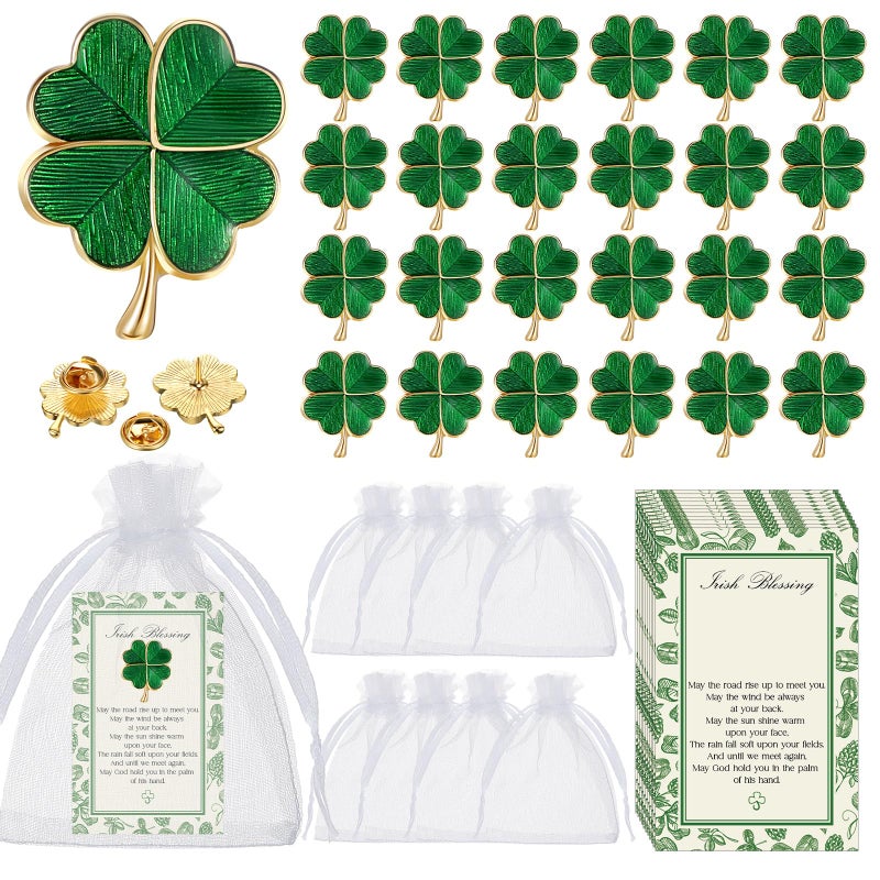 Remuuly 24 Sets St. Patrick's Day Clover Lapel Pins Include Four Leaf Clover Lapel Pin Brooches Blessing Cards Organza Gift Bags - Image 1