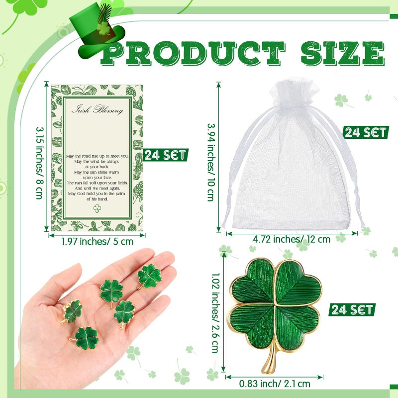Remuuly 24 Sets St. Patrick's Day Clover Lapel Pins Include Four Leaf Clover Lapel Pin Brooches Blessing Cards Organza Gift Bags - Image 2