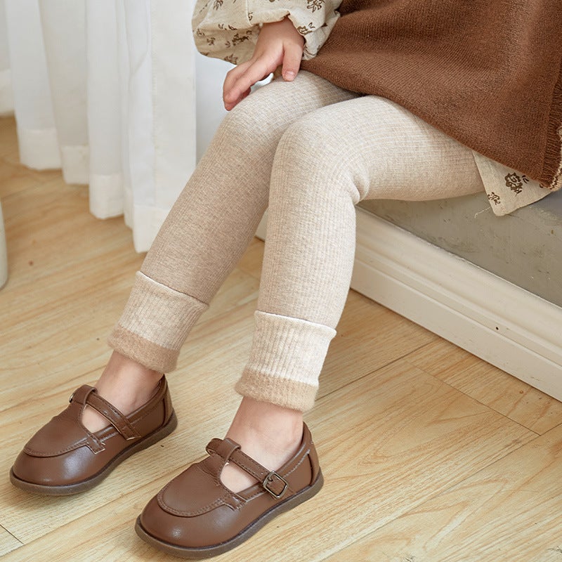 Girls' Leggings Winter Fleece-Lined Thickened Children'S Baby'S Two-Purpose Crotch One-Piece Pants Vertical Striped Cotton Pants Outer Wearing Western Style - Image 1