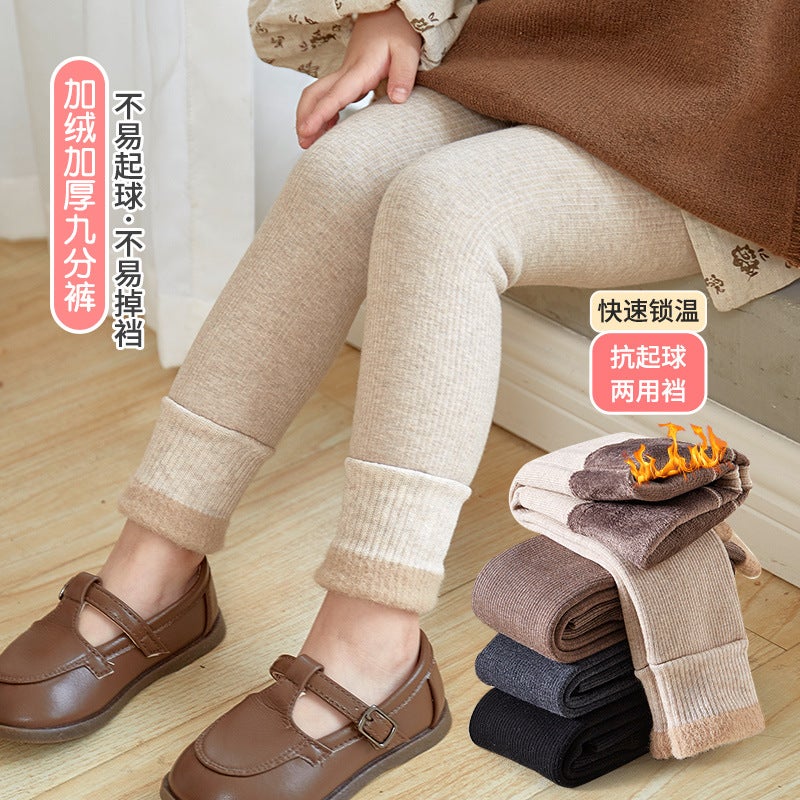 Girls' Leggings Winter Fleece-Lined Thickened Children'S Baby'S Two-Purpose Crotch One-Piece Pants Vertical Striped Cotton Pants Outer Wearing Western Style - Image 3
