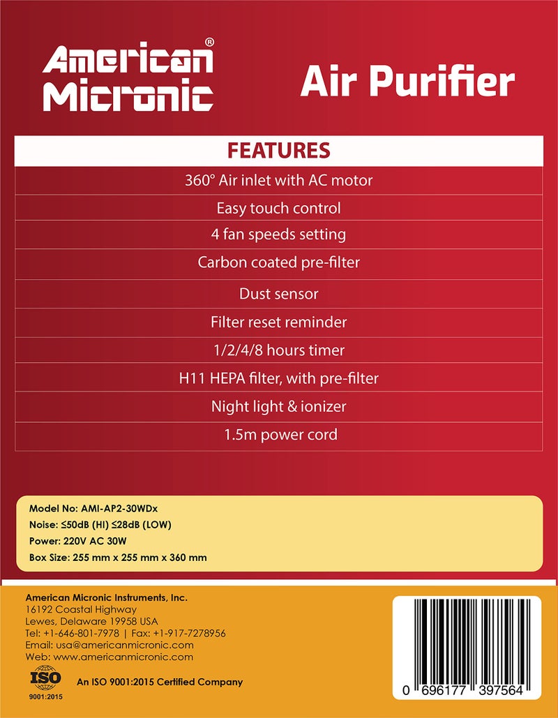AMERICAN MICRONIC® Portable Air Purifier with HEPA & Activated Carbon Filter | 275 m³/hr CADR | Removes 99.97% Pollutants, Allergens, Smoke & Odours | Timer & LED Display | Ivory & Grey - Image 3