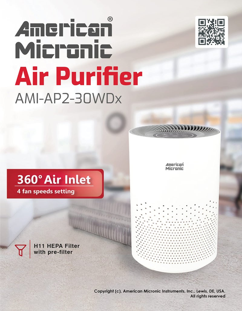 AMERICAN MICRONIC® Portable Air Purifier with HEPA & Activated Carbon Filter | 275 m³/hr CADR | Removes 99.97% Pollutants, Allergens, Smoke & Odours | Timer & LED Display | Ivory & Grey - Image 2