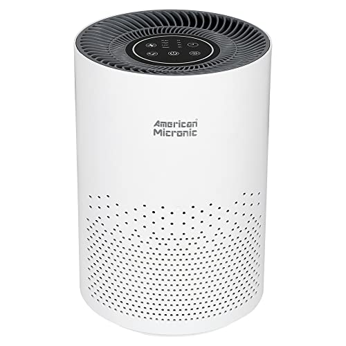 AMERICAN MICRONIC® Portable Air Purifier with HEPA & Activated Carbon Filter | 275 m³/hr CADR | Removes 99.97% Pollutants, Allergens, Smoke & Odours | Timer & LED Display | Ivory & Grey - Image 1