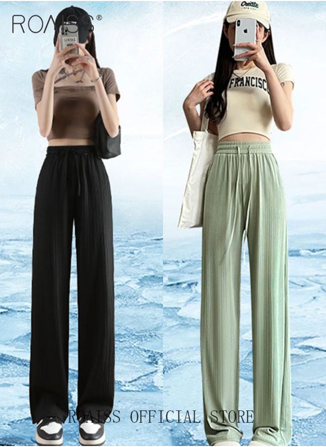 roaiss 2 Piece Ice Silk Wide Leg Pants for Women Soft Trousers Ladies Mom' Long Pants Casual Plain New Arrival Trendy Straight Baggy Spring Summer Ladies Daily Outfit Clothes  - Image 1
