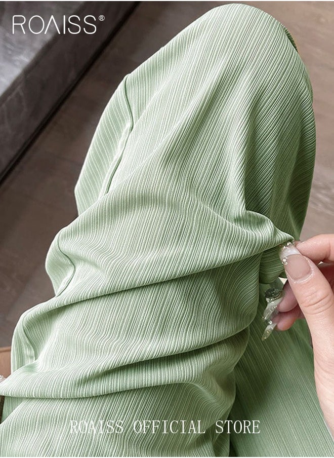 roaiss 2 Piece Ice Silk Wide Leg Pants for Women Soft Trousers Ladies Mom' Long Pants Casual Plain New Arrival Trendy Straight Baggy Spring Summer Ladies Daily Outfit Clothes  - Image 3