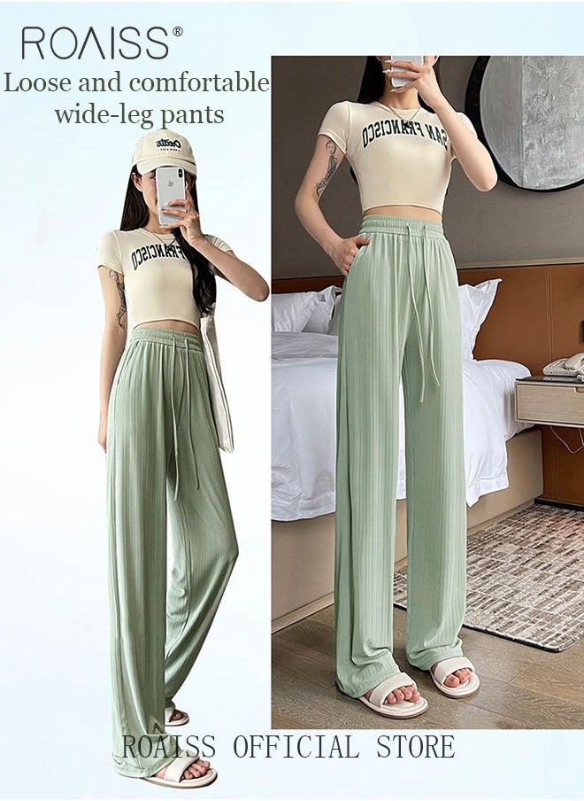 roaiss 2 Piece Ice Silk Wide Leg Pants for Women Soft Trousers Ladies Mom' Long Pants Casual Plain New Arrival Trendy Straight Baggy Spring Summer Ladies Daily Outfit Clothes  - Image 5