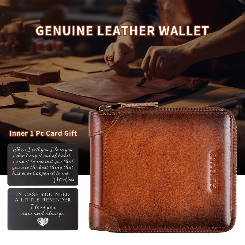 GERUOLA Men's Genuine Leather Short Wallet with Zipper, Large Capacity, Three-Fold Design, Ultra-Thin Card Holder in Yellow Brown - Image 4
