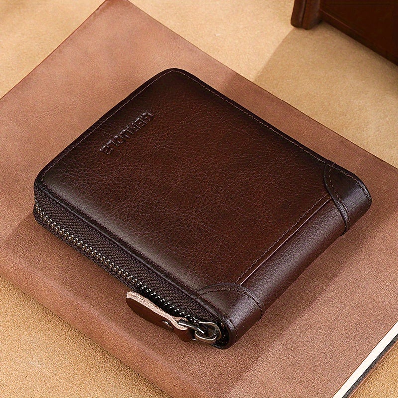 GERUOLA Men's Genuine Leather Short Wallet with Zipper, Large Capacity, Three-Fold Design, Ultra-Thin Card Holder in Yellow Brown - Image 5